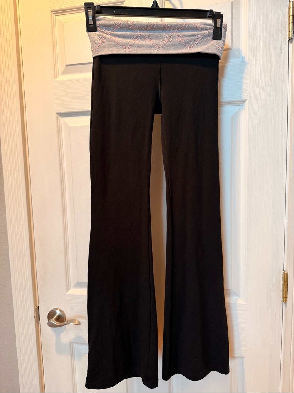 PINK Victoria's Secret Black Flared Leggings with Pink bows Fold-Over Waistband